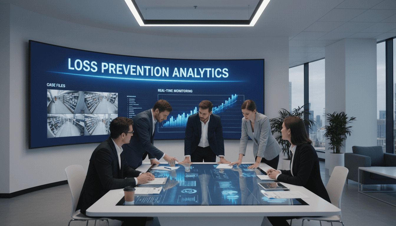 Loss prevention professionals reviewing security footage and investigation reports at office desk